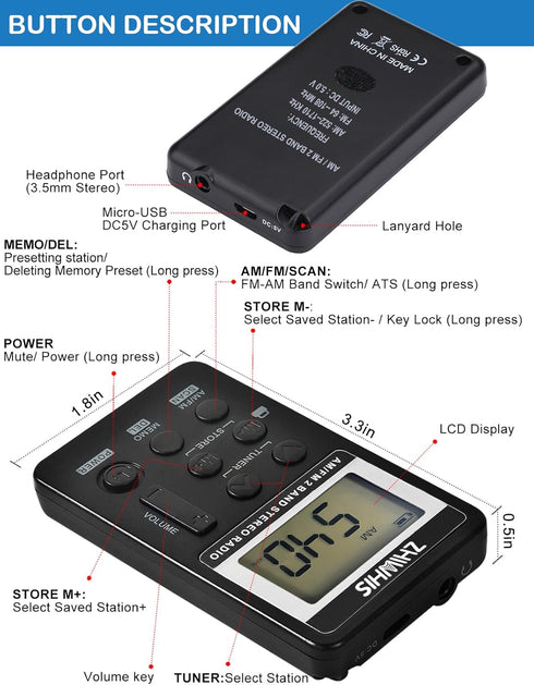 Portable Radio, ZHIWHIS AM FM Mini Transistor Rechargeable Battery Personal Digital Tuning Stereo Pocket Walkmen Radios with Shutdown Memory and E...