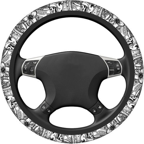 Hawaiian Polynesian Tribal Tatoo Car Steering Wheel Cover for Women Men 14-15 Inch Stretch Cloth Anti-Slip Wrap Protector Case Fit Universal Auto ...