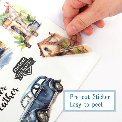 Landscape and City Themed Scrapbook Journaling Stickers, 150 Die-Cut PET and Washi Paper Sticker Book for Junk Journaling, Collage, Craft Projects...