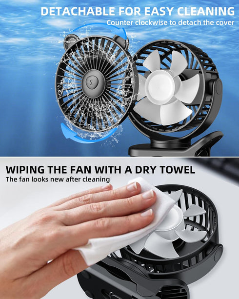 Portable Clip on Fan, Small Desk Fan Battery Operated, 360° Rotation, Cute Design, 3 Speed, Mini Table Fan USB Rechargeable, Personal Cooling Baby...