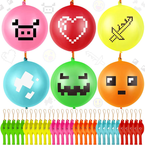 30 Pcs Pixelated Punch Balloons Colorful Latex Punch Ball Miner Video Game Party Favors Bounce Balloons with Rubber Band Handle for Birthday Party...