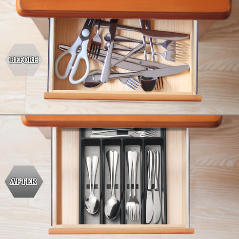 Silverware Organizer with Cutlery Icons?Silverware Tray for Kitchen Drawer?Plastic Flatware Tableware Silverware Drawer Organizer Utensil Organize...
