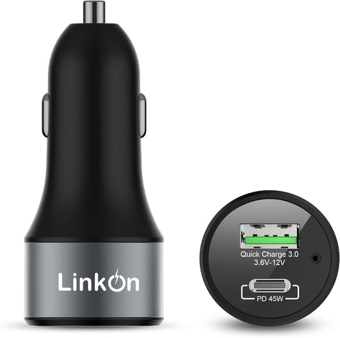 LinkOn 63W Car Charger with 45W USB-C PD3.0 PPS and 18W USB-A QC3.0 Compatible with MacBook Air Chromebook iPhone Xs/Max/XR/X/8 iPad Pro/Air 2/Min...