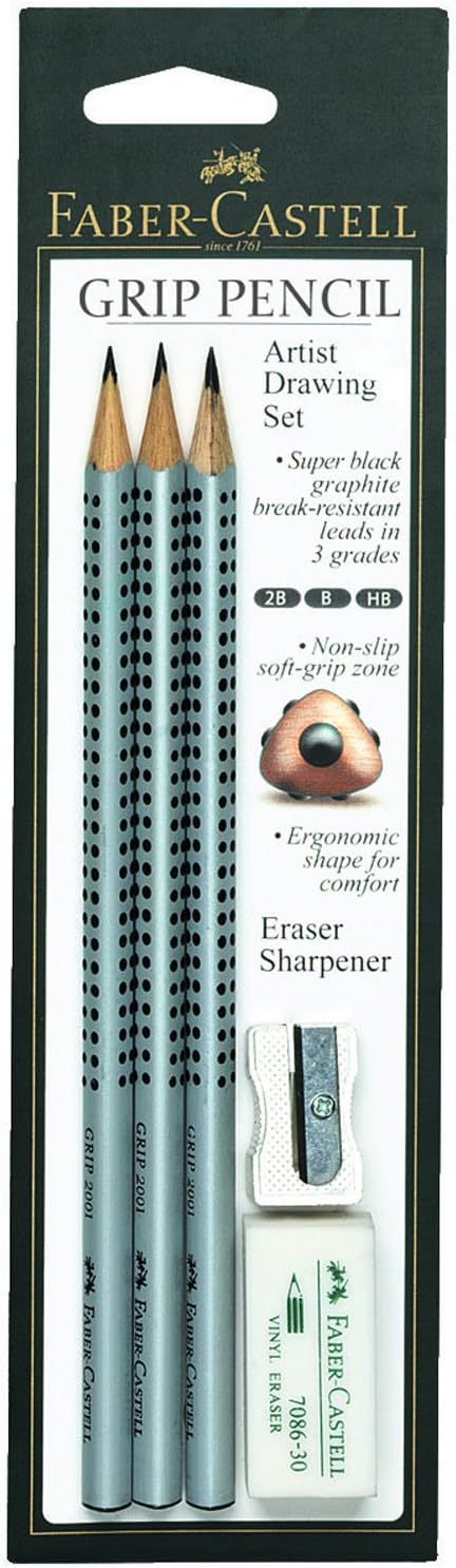 Faber-Castell GRIP Pencil Artist Drawing Set 3 pencils with vinyl eraser and sharpener...