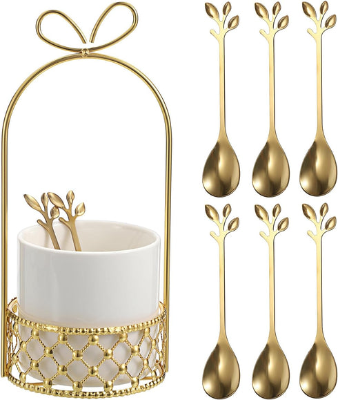 ELLDOO Coffee Spoon Set, White Ceramic Holder with 8 Stainless Steel Gold Leaf Coffee Spoons, Creative Flatware Set for Stirring, Mixing, Sugar, I...