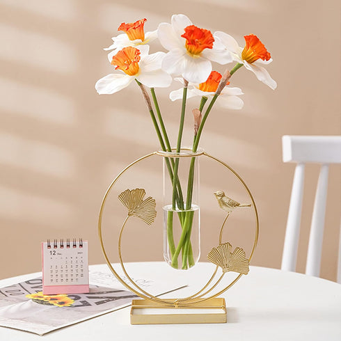 Home Decor Gold Flower Vase, Desktop Glass Vase with Gold Metal Ginkgo Leaf Stand, Hydroponics Plant Propagation Stations,Decorations for Living R...