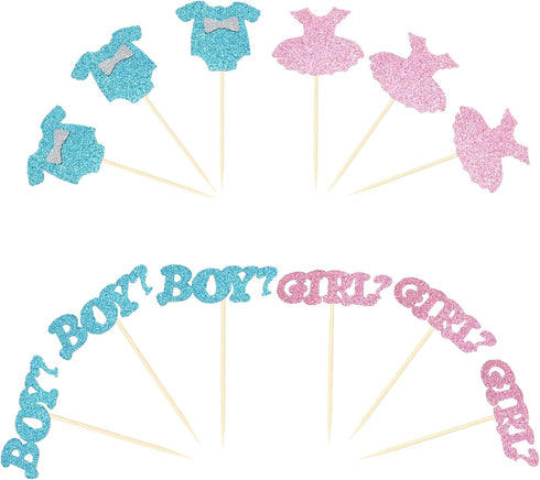 Ercadio 24 Pack Boy or Girl Cupcake Toppers Glitter Onesie Jumpsuit Cupcake Picks Baby Shower Kids Birthday Gender Reveal Party Cake Decorations S...