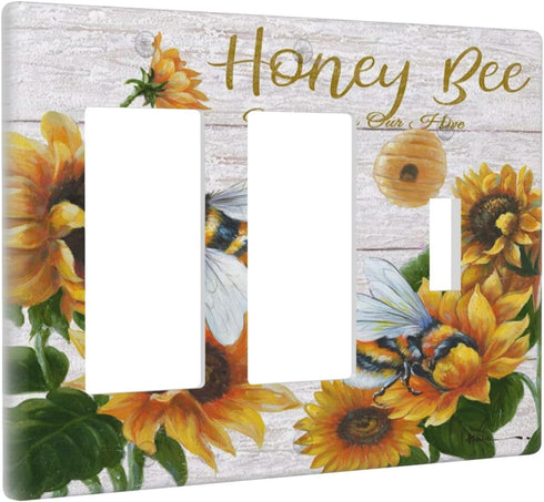 Rustic Wooden Sunflower Bee Oil Painting 3-Gang WallPlate Decorative Combination Single Toggle/Double Decorator Rocker Outlet Wall Switchplate Ele...
