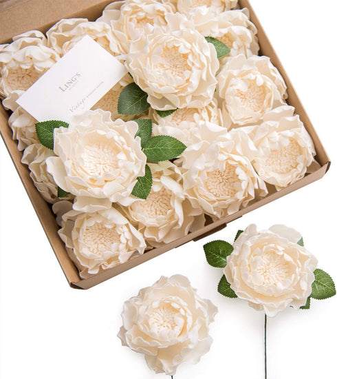 Ling's Moment Flowers 16pcs Cream Blooming Peonies Artificial Flowers with Stem, Artificial Peony Flowers for DIY Wedding Decorations Centerpieces...