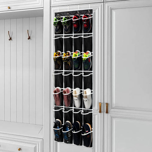 28 Pockets Over the Door Shoe Organzier, Hanging Shoe Organizer for Door Large Capacity Shoe Storage Bag with 4 Metal Hooks (Black-1Pack)...