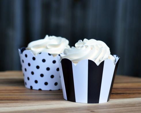 Black and White Cupcake Wrappers for Weddings, Graduations, Kids and Adult Birthday Parties, Baby Showers. Set of 24 Reversible Cup Cake Holder Wr...