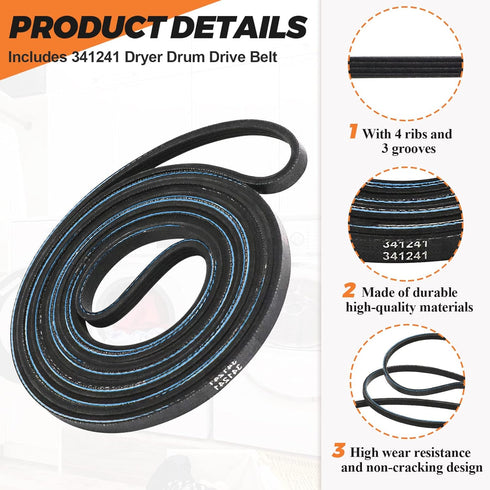 341241 Dryer Drum Drive Belt by Beaquicy - Replacement for Ken-More Whirlpool Dryer - Replaces 8066065 AP2946843 W10127457 PS346995