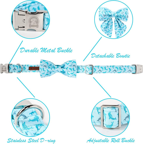 MR. CHUBBYFACE Summer Dog Collar Blue Collar with Bow Adjustable Dolphin Dog Collar Bowtie for Small Medium Large Dogs...