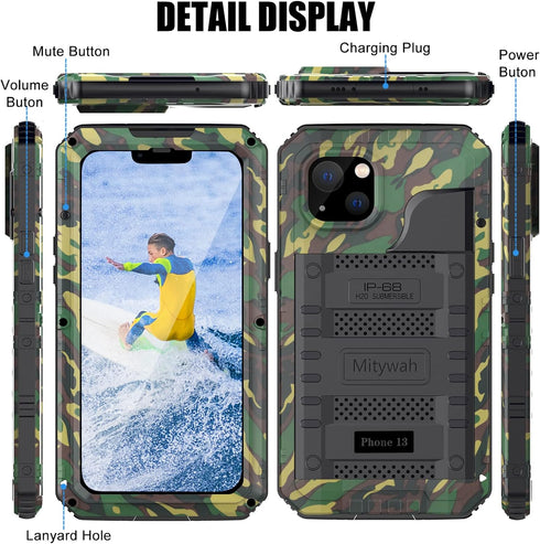Mitywah Waterproof Case for iPhone 13, Heavy Duty Military Grade Protection Phone Case with Built-in Screen Protector, 360° Full Body Protection M...