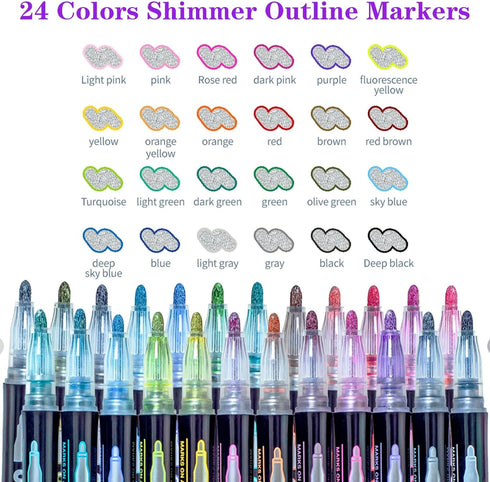 Shimmer Markers Outline Double Line: 24 Colors Glitter Metallic Pen Set Super Squiggles Sparkle Cool Fun Self Sparkly Kid Age 4 8 10 12 Girl Gift ...