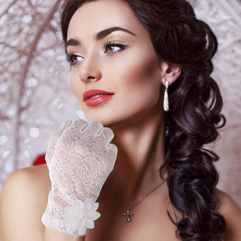 Women Short Lace Gloves Ladies Lace Floral Gloves Tea Party Gloves Bridal Wedding Gloves for Opera Prom Halloween Cosplay...