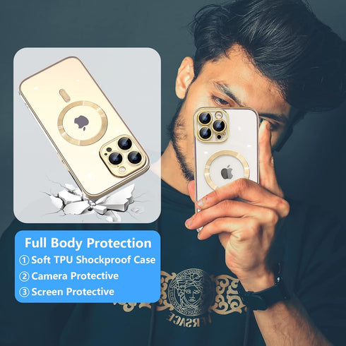 for iPhone 15 Pro Case Magsafe, Magnetic Clear Phone Case with Screen Protector and Camera Cover, Transparent Electroplated Case for Women/Girl/Me...