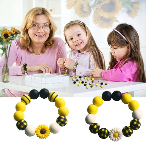 128pcs Silicone Beads Bracelet Making Kit Beads, 15mm Silicone Beads Yellow Black White Round Silicone Beads Bulk, Sunflower Craft Beads for DIY K...
