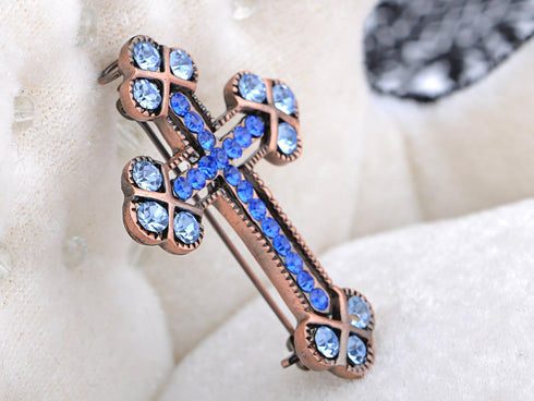 Alilang Copper Tone Sapphire Blue Colored Rhinestones Holy Cross Brooch Pin...