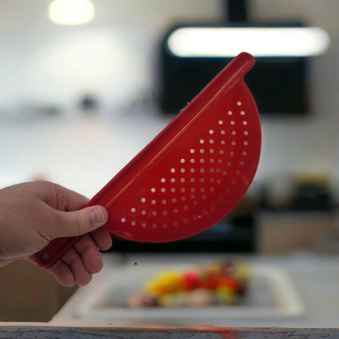 Hand Held Plastic Pot Drainer, Pasta Noodle Veggie Strainer with Handle - Fits up to 9" Pot - Red...