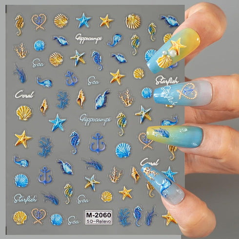 5D Embossed Nail Art Stickers Seashell Starfish Nail Stickers Self Adhesive Nail Art Tools Supplies Ocean Life Theme Nail Decals Summer Nail Acces...