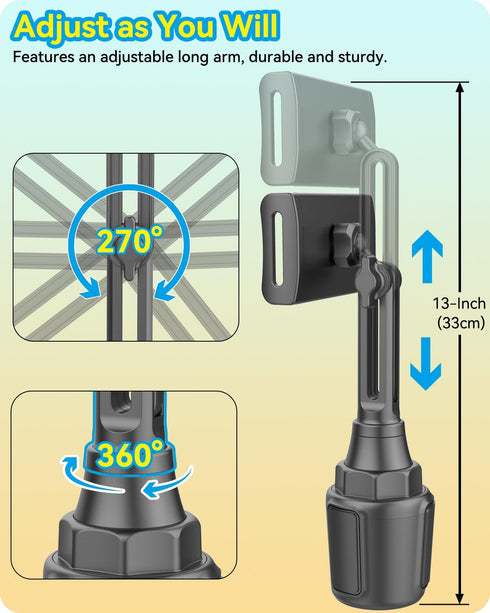 for iPad Car Mount Cup Holder Tablet Holder Adjustable Height Long Arm for 5-11" Samsung Tablets iPad Pro Air Mini iPhone Cell Phone, Black...
