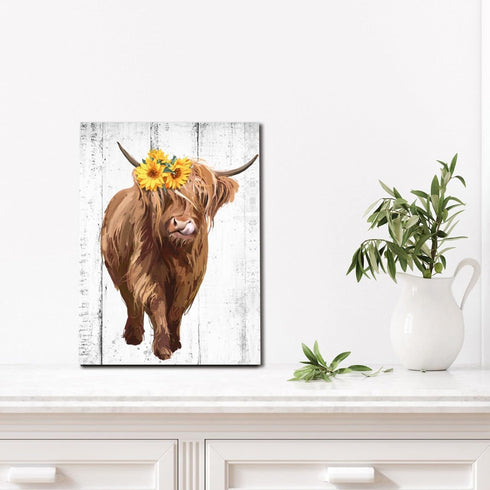 Sunflower Highland Cow Wall Art: Funny Farm Animal Canvas Picture Painting, Rustic Farmhouse Artwork Decor Bathroom Decoration, Cute Brown Cattle ...