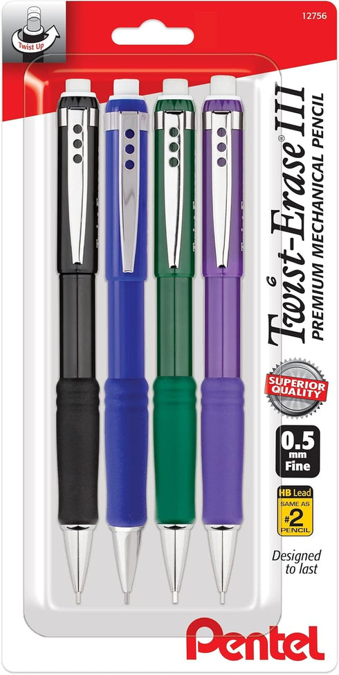 Pentel Twist Erase III Premium Mechanical Pencil 0.5mm 4 pack Assorted Barrels (1 each Black, Blue, Green, Violet)...