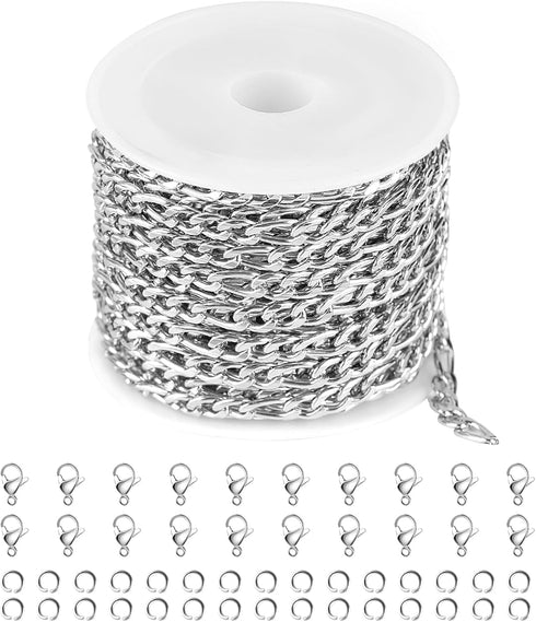 Jabogrii 32.8 Feet Silver Jewelry Making Chains Stainless Steel Necklace Bracelet Women Chains Spool with Lobster Clasps and Open Jump Rings...
