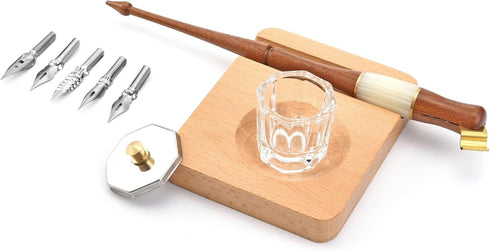 Yoption Wood Dip Pen Set, Calligraphy Oblique Nib Holder With Desktop Pen Holder, Ink Bottle Container and 5 Nibs Kit...