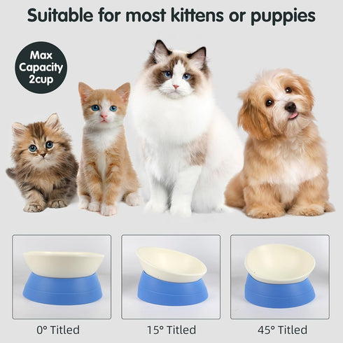 Bulldog Bowl Anti-Slip Dog Cat Dish Detachable Rubber Dog Bowl Pet Sterile Tilted Pet Feeder Slope Base (Blue, 2 Cup (Small/Medium Dog))...