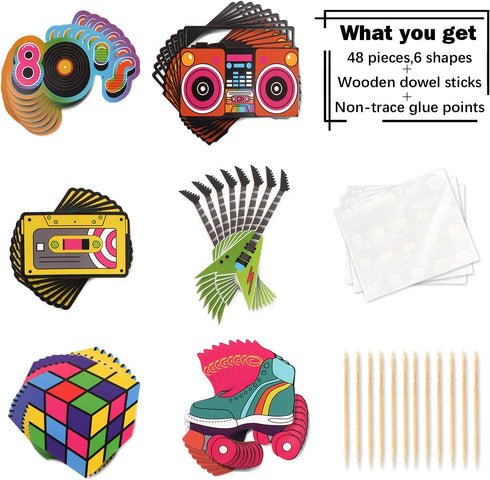 48pcs 80's Cupcake Toppers 80's Retro Cupcake Toppers - Totally 1980s Party DIY Dessert Cupcake Toppers Supplies - 80's Decade Throwback Party Fav...