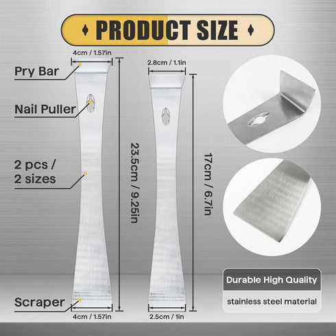 2-Piece Stainless Steel Mini Pry Bar Scraper Set, Ultra Sharp Trim Puller, Small Flat Pry Bar, Silver Prybar for Trim Removal Tool and baseboard r...