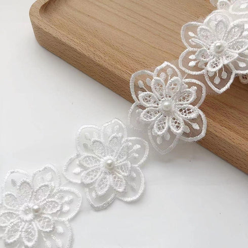 3Yards White Flower Lace Pearl Trim,Embroidered Sewing Lace Applique for DIY Sewing Crafts Wedding Dress Home décor...