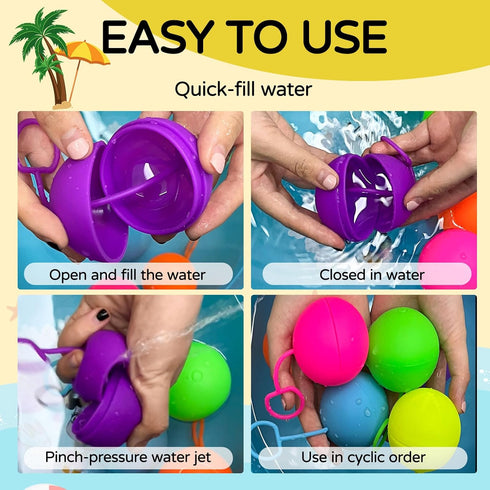 12 pcs Reusable Water Balloons Fast Refillable for Kids Outdoor Activities Pool Beach Bath Toys with Silicon Cord Ring Pull...