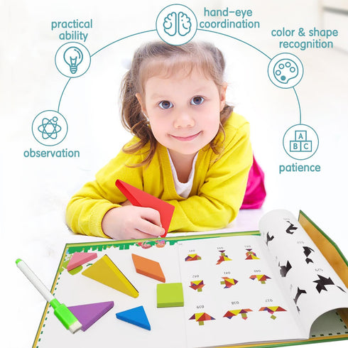 Wooden Puzzle Tangram Book, Travel Magnetic Puzzle, Travel Games Montessori Shape Pattern Blocks Jigsaw for Kids Adult Challenge IQ Educational To...