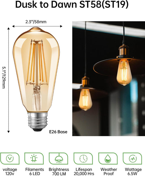 Dusk to Dawn Edison Light Bulbs ST58(ST19), Vintage Amber Glass, Warm Light, 60W Equivalent, Automatic On/Off Light Sensing LED Filament Bulb Outd...