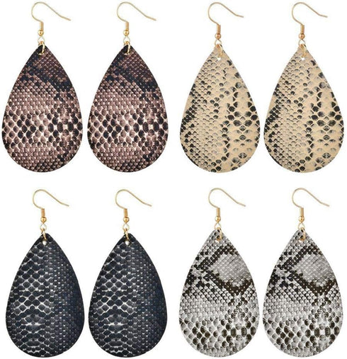 4 Pairs Bohemian Snakeskin Leather Earrings Set Retro Leopard Print Teardrop Earring Dainty Animal Python Print Drop Earrings for Women Jewelry...