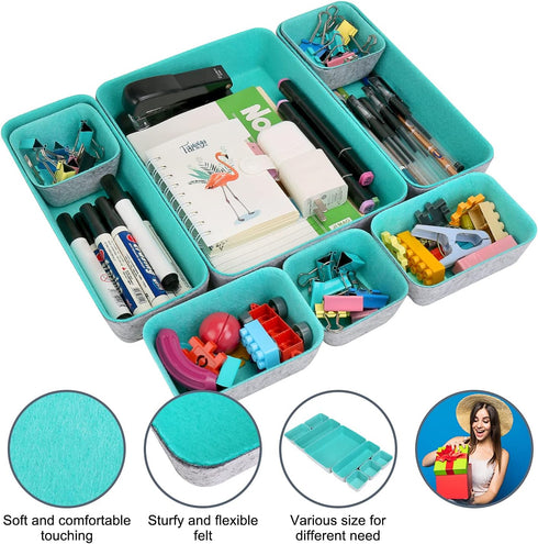 8 Pack Felt Drawer Organizer Tray, Desk Drawer Organizer Space Saving Storage Dividers Box, for Home Office Gadgets and Jewelry Storage (Teal)...