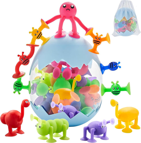 ZMZS Suction Toys for Baby, Bath Toys for Kids Ages 4-8, 40 Pieces Toddler Stress Release Sensory Toys, Suction Cup Animal with Dinosaur Eggshell ...