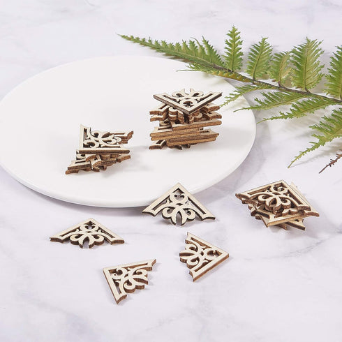 LiQunSweet 100 Pcs Wood Slice Carving Ornament Cut Out Paintable Wooden Guard Edge Cover Triangle Book Corner Protector for Jewelry Case Box Book ...