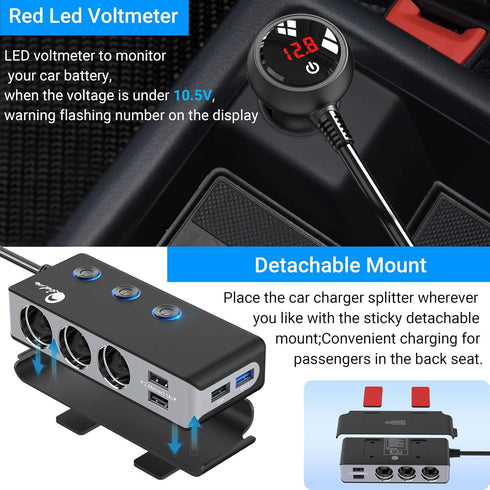 Quick Charge 3.0 Cigarette Lighter Splitter, Qidoe 3 Socket 180W Cigarette Lighter Adapter with 4 USB Fast Charging, DC 12V/24V Cigarette Outlet L...