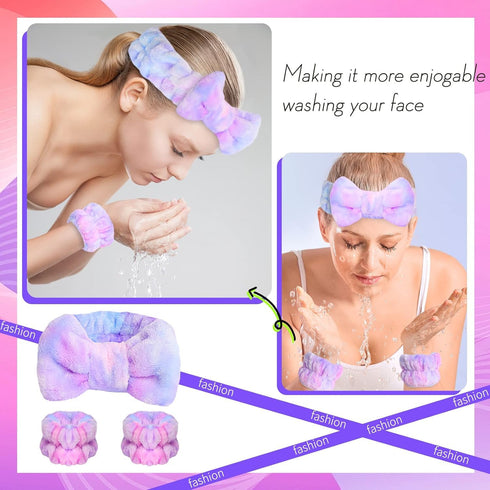 3PCS Spa Headband with Wristband Set,Makeup Headband, Bow Headband for Washing Face, Teen Girls Fuzzy Skincare Headbands, Hair Bands for Women Tie...