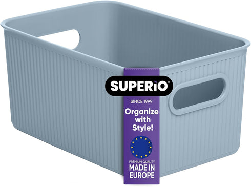 Superio Ribbed Collection - Decorative Plastic Open Home Storage Bins Organizer Baskets, Medium Blue (1 Pack) Container Boxes for Organizing Close...
