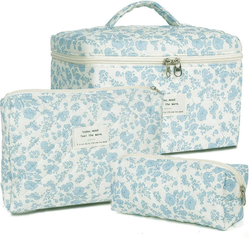 3Pcs Cotton Quilted Makeup Bag Large Travel Cosmetic Bag,Big Coquette Makeup Bag,Floral Aesthetic Toiletry Organizer Bag Zipper Pouch for Women Gi...