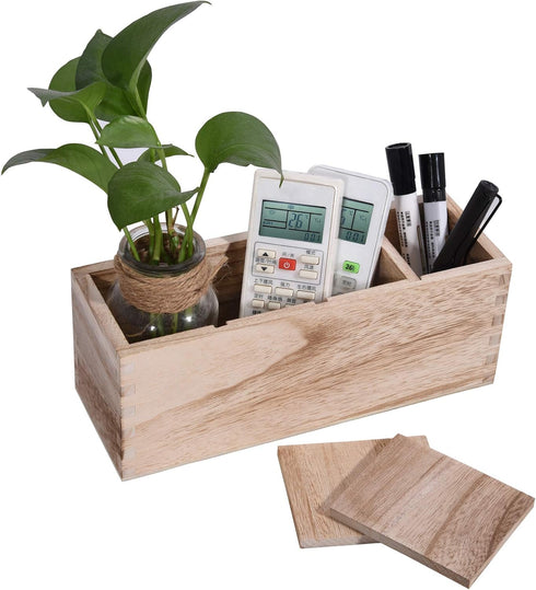 Wood Remote Control Holder Caddy, 4 Slots Table TV Remote Organizer Storage, Multiuse Desk Storage Caddy for Store Pen, Phone, Office Supplies...