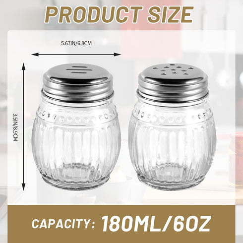 Cheese and Pepper Shakers Set of 2, 6oz Glass Spice Shakers with Stainless Steel Perforated and Slotted Top (Clear)...