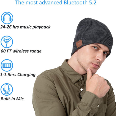 beanie MUSICBEE Bluetooth V5.2 Wireless Knit Winter Cap, 24 Hour Play time, Built-in Microphone and HD Stereo Speakers, Wool Lined for Outdoor Hom...