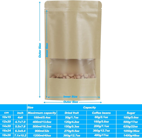100 Pcs Resealable Kraft Paper Bags,Stand Up Pouches Bags with Matte Window, Zip Lock Food Storage Bags,Scratch Resistant Hand Self Sealing Bags. ...