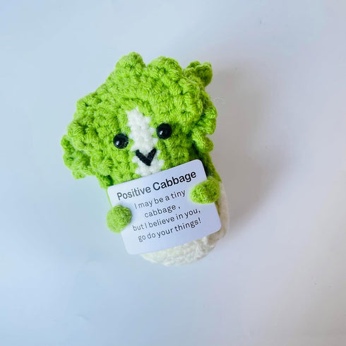 Positive Crochet Cabbage Doll Funny Knitted Toys with Positive Card, Emotional Support Cabbage Cute Creative Gifts for Friends Party Decoration En...